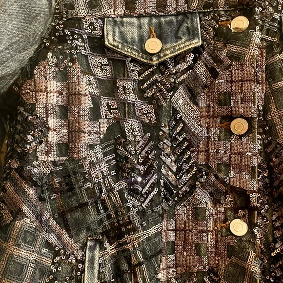 nwt 🆕 denim moto jacket with abstract plaid sequins - Picture 15 of 16